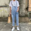 Embroidery Casual Men Women Overalls Loose Straight Suspener Trousers Washed Vintage Couple Pants Kwwaii Clothes