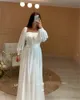 Simple White Silk Evening Dresses Puffy Long Sleeves Square Neck Dubai Women Formal Prom Gowns Plus Size Party 2022