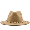 Printemps automne femmes large bord Faux laine feutre chapeau haut de forme perle décoration Jazz fête mariage Tan Fedora chapeaux pour dames