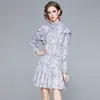 Women Light Purple Stand Neck Lantern Sleeve Mini Dress Winter Elegant Sexy Ladies Print Floral Party Dresses Vestdios 210525