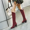 Bottes hautes genoux Chaussures Chaussures Haute Heel Western pointu one Block Talons Dame Long Hiver Abricot Vin rouge 210517