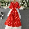 Vestido de verão Imprimir bonito elegante v-pescoço francês luxo casual coreano midi mulheres doce chique retro roupas slim 210506