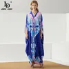 Letnie kobiety Multicolor Drukuj Plus Size Długa Długa Moda Designer Damska Dekolt Czeski Luźny Maxi 210522