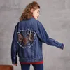 Johnature Frauen Denim Baumwolle Jacken Vintage Stickerei Floral Mäntel Blaue Taste Herbst Patchwork Denim Jacken Mäntel 210521