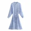 Платья синий принт футболка MIDI женщина лето с длинным рукавом кнопка женщины мода, выходящие в Vestidos пояс 210430