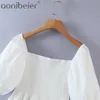 Bouton d'été devant blanc chérie chemise manches bouffantes ourlet plissé dos froncé Slim femmes Crop hauts femmes Blouses 210604