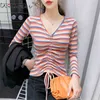 Lente Zomer Koreaanse stijl Katoen Korte T-shirt Meisjes Mode Sexy V-hals Stripe Lace Up Women Tops Slanke Tees T12809A 210421