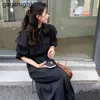 Koreanska mode solida kvinnor klänning elegant o neck spets upp smal wais party pufff ärm slits långa es vestidos 210601
