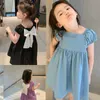 Sommer Mädchen Kleid Bogen Knoten Quadrat Kragen Kurzarm Süße Prinzessin Koreanischen Stil Kinder Baby Kinder Kleidung Für Mädchen 210625