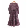 Lato Wzburzyć Tulle Kobieta Dress Purple Floral Print Midi Kobiety Z Długim Rękawem Vintage Smock Design Ladies ES 210430