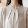 Elegant OL Workwear Blouse Shirt Women Plain Korean Long Sleeve Satin Top Female Autumn White Chiffon Plus Size 210601