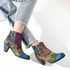 Vintage épissage imprimé bottines pour femmes chaussures femme en cuir PU rétro bloc talons hauts bohème dames hiver court 211104