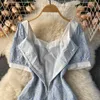 Damska Summer Sukienka Vintage Styl Kwiaty Haftowane Kwadrat Kołnierz Krótki Rękaw A-Line Midi Moda Koreański 210603