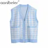 Casual Woman Blue Loose Plaid Knitted Vest Cardigan Spring Fashion Ladies V Neck Tankar Tjejer Söta Oversizd Tröjor 210604