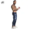 Jeans riparati elasticizzati da uomo Gingtto Blu scuro Hip Hop Distressed Super Skinny Slim Fit Confortevole Taglia grande zm34