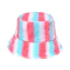 Ao ar livre Bob Panamá inverno quente engrossar arco-íris listrado Faux Fur Bucket Chapéu Pesca Fisherman Caps Mulheres Senhoras