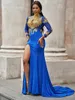 ASO EBI Sexy Sleutelgat Avondjurken Hoge Kraag Gouden Applique Lange Mouwen Prom Dress Mermaid Side Split Robe de Soiree