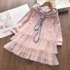 2021 Autumn Casual Small Medium-Sized Children's Party Solid Color Hooded Bow Tie Long Sleeve Stitching Cake Mesh DrTZ0037 X0803