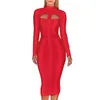 Women White Bandage Dress Bodycon 2021 Sexy Cut Out High Neck Long Sleeve Party Rayon Midi Dresses