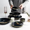 Pink Black Gold Inlay Ceramic Dinner Plate Tableware Porcelain Bulk Serving Dishes Home Wedding Decorative Dinnerware Wholesale 210317