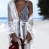 Sexy See Through Swimwear Cover-ups White Lace Tunic Women Beachwear Long Kimono Cardigan Bathing Suit Cover Up Sarong N957 Sarongs