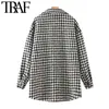 TRAF Women Fashion Oversized Houndstooth Frayed Tweed Jacket Coat Vintage Långärmad Fickor Kvinnlig Ytterkläder Chic Top 211109