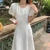 Korean Chic Dress Female Summer Gentle Vintage V-Neck Dark Jacquard Lace-Up Waist Puff Sleeve Party Dress Casual Dress 210515