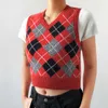 Heyoungirl V Neck Vintage Argyle Sweater Vest Kvinnor Svart Ärmlös Plaid Stickade Grödor Tröjor Casual Höst Preppy Style 210915