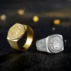 Karopel Hip Hop Bling Sieraden Koning Crown Vaderdag Gift Voor Mannen Bling Bling Micro Pave CZ Gold Color Zircon Ring