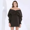 Partykleid für Frauen V-Ausschnitt Langarm Hohe Taille Schwarz geraffte schlanke sexy Minikleider Weibliche Modekleidung 210520