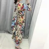 여성 빈티지 명암 색 잉크 그림 인쇄 캐주얼 슈셋 긴 드레스 숙 녀 스탠드 칼라 활 묶인 Vestido Dresses DS3047 210603