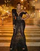 Sparkly Black Mermaid Prom Dresses 2021 Arabische Afrikaanse Kant Lovertjes Single Long Mouw Dames Plus Size Formele Avond Feestjurken