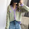 Femmes tricots femmes t-shirts automne hiver pull Cardigan femmes chandails tricotés à manches longues marine carré Plaid femme tricot Cardigans