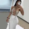 Fashion Women Sexy Transparente Beading Crystal Malha Preto Bandagem Branco Vestuário Designer Party Vestido 210527