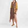 Robe imprimée pour femmes col en V lanterne à manches longues taille haute Hit couleur ourlet asymétrique robes Vintage femme 210531
