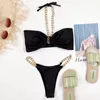 Women's Swimwear JRODIM Sexy Halter Thong Bikini Sets 2021 Black Ring Bandage Swimsuit Women Two-pieces High Waist 4 Style Bathing Suit