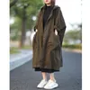 Höstkonst Stil Kvinnor Singelbröst Hooded Long Coat Big Pocket Loose Casual Solid Trench Coats Storlek S30 210512