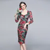 Summer Autumn Midi Long Floral Print Wrap Dress Bodycon Pencil Pleated Clothes Women Ruched Sleeve Pomegranate Robe Casual Dresses