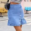 Przycisk Front Ruffle Hem Denim Spódnice Kobiety Summer Casual Streetwear Ladies High Waist Zipper Jean Mini Spódnica 210510