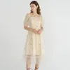 [EAM] Women Yellow Embroidery Mesh Pleated Dress Square Neck Short Sleeve Loose Fit Fashion Spring Summer 1DD7997 210512