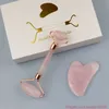 Natural cor-de-rosa cristal gua sha jade rolo massageador facial ferramenta de beleza coração placa de rascunho com caixa de presente conjunto pode comentários corante cor