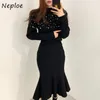 Koreanska franska tungt arbete Sticka 2 st Kvinnor Set O Neck Beading Tröja + Hög midja Hippe Mermaid Skirt Skinny Suit Black 210422