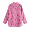 Camicia da donna con stampa a contrasto rosa Camicie con bottoni oversize oversize casual da donna Tasche con orlo asimmetrico a maniche lunghe da donna Top 210430