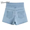 Yitimuceng Dames Denim Shorts Sexy Hoge getailleerde Knop Slanke Jean Ripped Straight Summer Solid Blue Clothing Fashion 210601