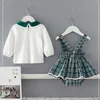 Gros printemps filles 2 pièces ensembles manches longues arc col claudine haut + robe à carreaux vert mignon enfants vêtements E9156 210610