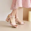 Летние Peep Toe Bandkle Brap Sandals Женщины густые высокие каблуки обувь пряжка вечеринка леди зеленый белый фиолетовый розовый размер 33-43 y0721
