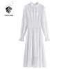 Fansilanen Sexig Hollow Out White Long Lace Dress Women Flare Sleeve Ruffle Elegant Kvinna Höst Transparent Party 210607