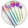 Dijkartikelen sets 24 stks regenboog flatware 304 roestvrij staal servies set matte bestek dessert vork lepel zilverwerk Kitchen248F