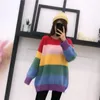 Maglione da donna Pullover lavorato a maglia Manica lunga Arcobaleno a righe colorate O Collo Allentato Inverno M0056 210514