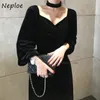 Korean Chic Sexy V-neck Slim Fit Dress Autumn Elegant Casual Soft Femme Vestidos High Waist Black Women 1G859 210422